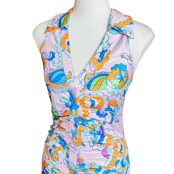 Purple & Orange Multicolor Retro 70s Ruched Button Up Collared Tank Mini Dress - Picture 4 of 5